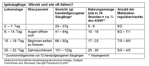 Tabelle: Wieviel und wie oft füttern